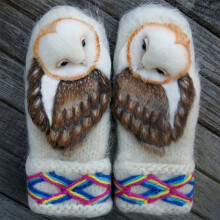 (White) Owl cashmere gloves cute padded thick warm plush gloves ladies winter outdoor knitted gloves against cold