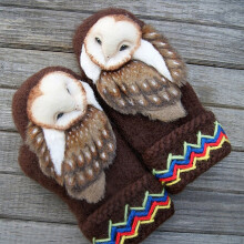 (Brown) Owl cashmere gloves cute padded thick warm plush gloves ladies winter outdoor knitted gloves against cold