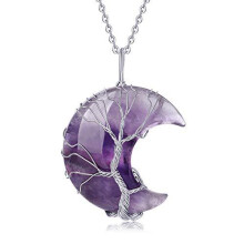 (Amethyst) 1pcs natural stone amethyst moon tree of life pendant necklace mineral healing reiki crystal DIY jewelry necklace gift