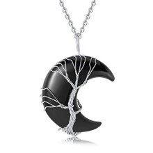 (Obsidian) 1pcs natural stone amethyst moon tree of life pendant necklace mineral healing reiki crystal DIY jewelry necklace gift