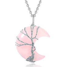 (Pink Crystal) 1pcs natural stone amethyst moon tree of life pendant necklace mineral healing