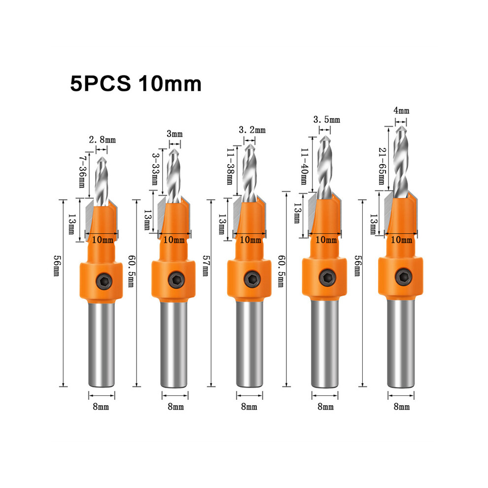 (10Mm) 5Pcs Woodworking Countersink Drill Set, 8Mm Shank, Screw Extractor Bit For Carpentry 123643941254