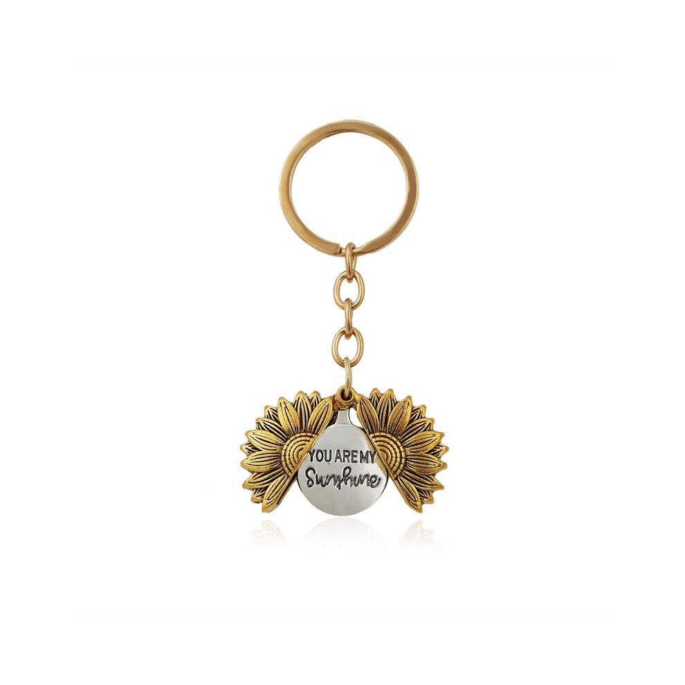 (B) Keychain Pendant Sunflower Openable Double Sided Layer Engraved Vintage Pendant