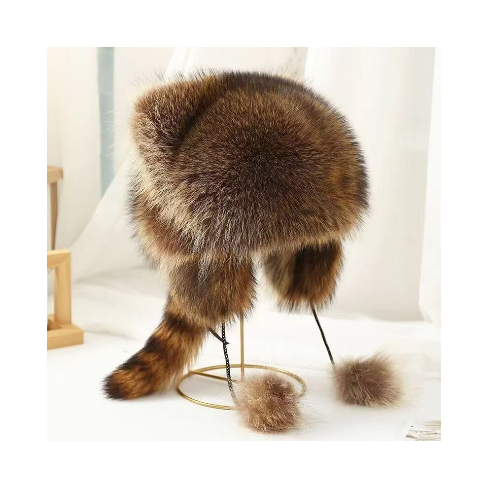 (M(For Kids)) Faux Fur Raccoon Hat Cap For Kids Adults Soft Plush Fabric Hat With Faux Fur Tail 320997595366
