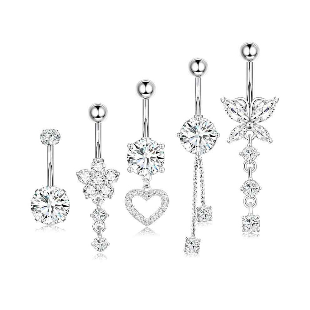 Silver (Silver) 5Pcs Belly Button Ring Dangle Navel Belly Body Piercing Jewelry Bars Barbell