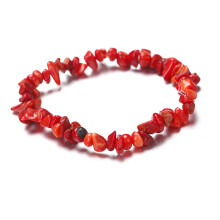 (Red Coral) Natural Gemstone Chip Beads Bracelet Stretchy Reiki Chakra Fashion Jewelry