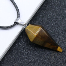 (Tiger Eye) Natural Gemstone Crystal Energy Healing Pendant Cone Hexagonal Point Pendulum