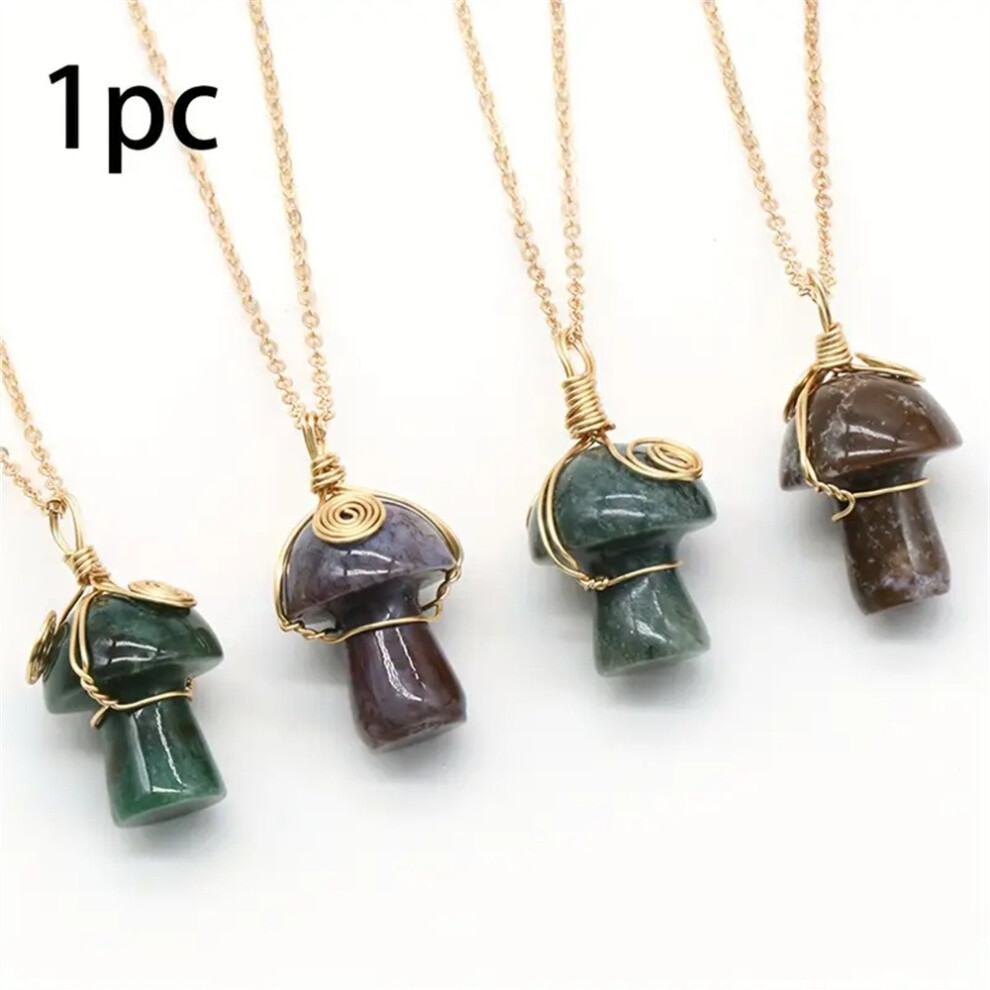 (Chrysoprase) 1Pcs Natural Crystal Stone Mushroom Chain Pendant Necklace Wire Wrapped Healing 320997633488