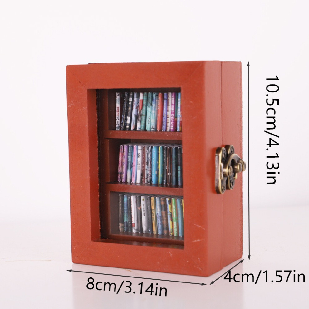 (Red Cabinet +60 Books) Wooden Pocket Anxiety Bookshelf Home Decoration Creative Ornament Miniature Bookshelf