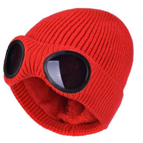 (Light khaki) Knitted Hat Glasses Decor Plush Lining Casual Ears Protection Solid Color Warmer Cap 1