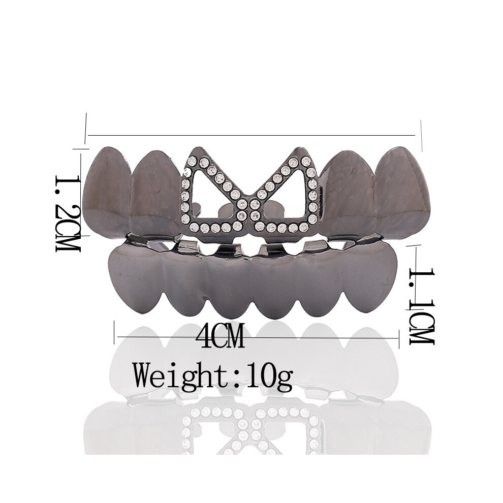 (Gunmetal) Hip Hop Teeth Grillz 6 Teeth Grillz Top and Bottom Dental Grills Shiny