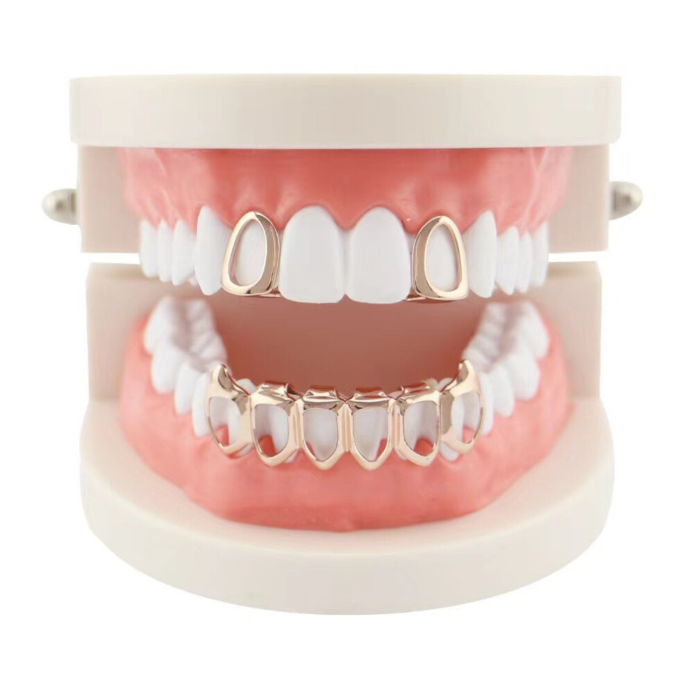 Gold (Rose Set) Hip Hop Grills 2 Single Top&6 Bottom Set Hollow Fangs Teeth Grillz Denture Props