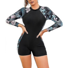 (M, Blue Floral) Women's Short/Long Sleeve One-Piece Swimsuit with Tropical Floral Print Zipper Front Rash Guard Bathing Suit Beachwear
