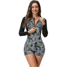 (XXL, Leaf) Women's Short/Long Sleeve One-Piece Swimsuit with Tropical Floral Print Zipper Front Rash Guard Bathing Suit Beachwear