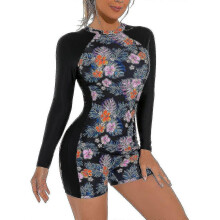 (M, Flower Print) Women's Short/Long Sleeve One-Piece Swimsuit with Tropical Floral Print Zipper Front Rash Guard Bathing Suit Beachwear