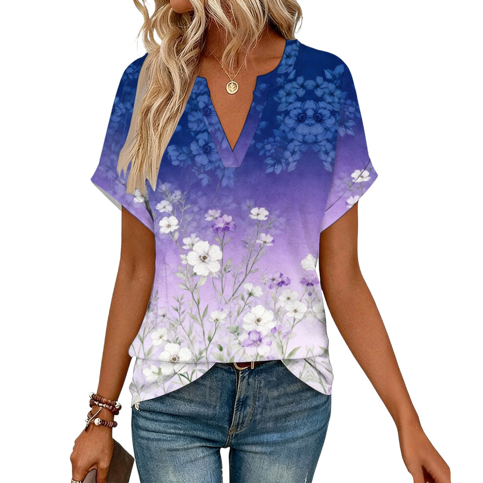 Purple Women's Short Sleeve V-Neck Blouses, Work Blouses,- S