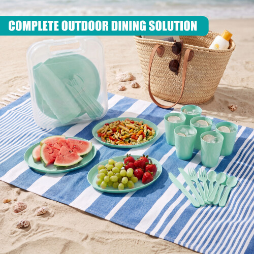 GEEZY (Blue) GEEZY Large Plastic Picnic Camping Party Dinner Plate Mug Cutlery Set Storage Box 1