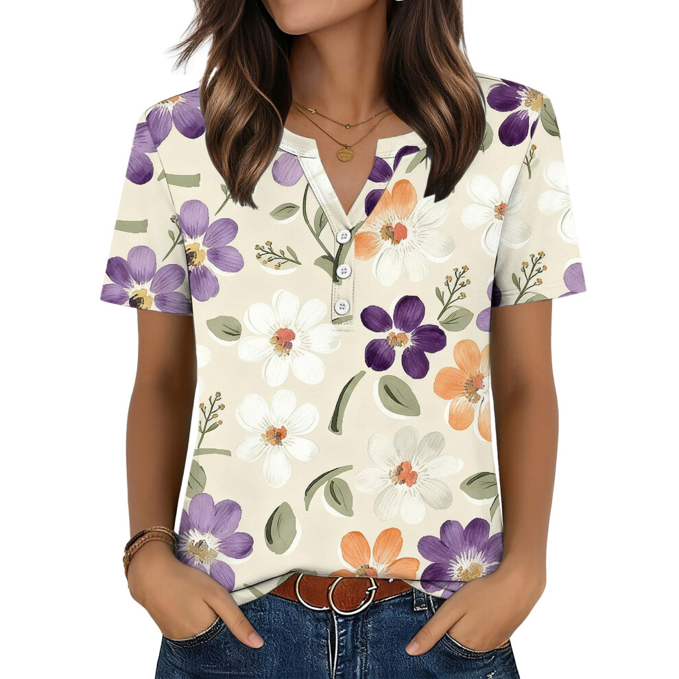 Womens Tops V Neck Short Sleeve Shirts Casual Blouse-Purple XL