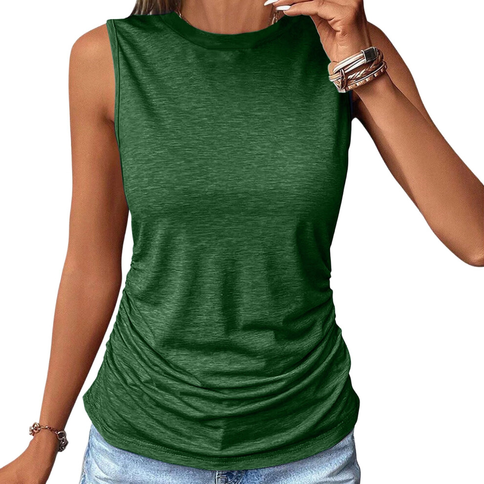 Womens Ruched Tank Tops Crewneck Sleeveless Shirts Slim-Green S