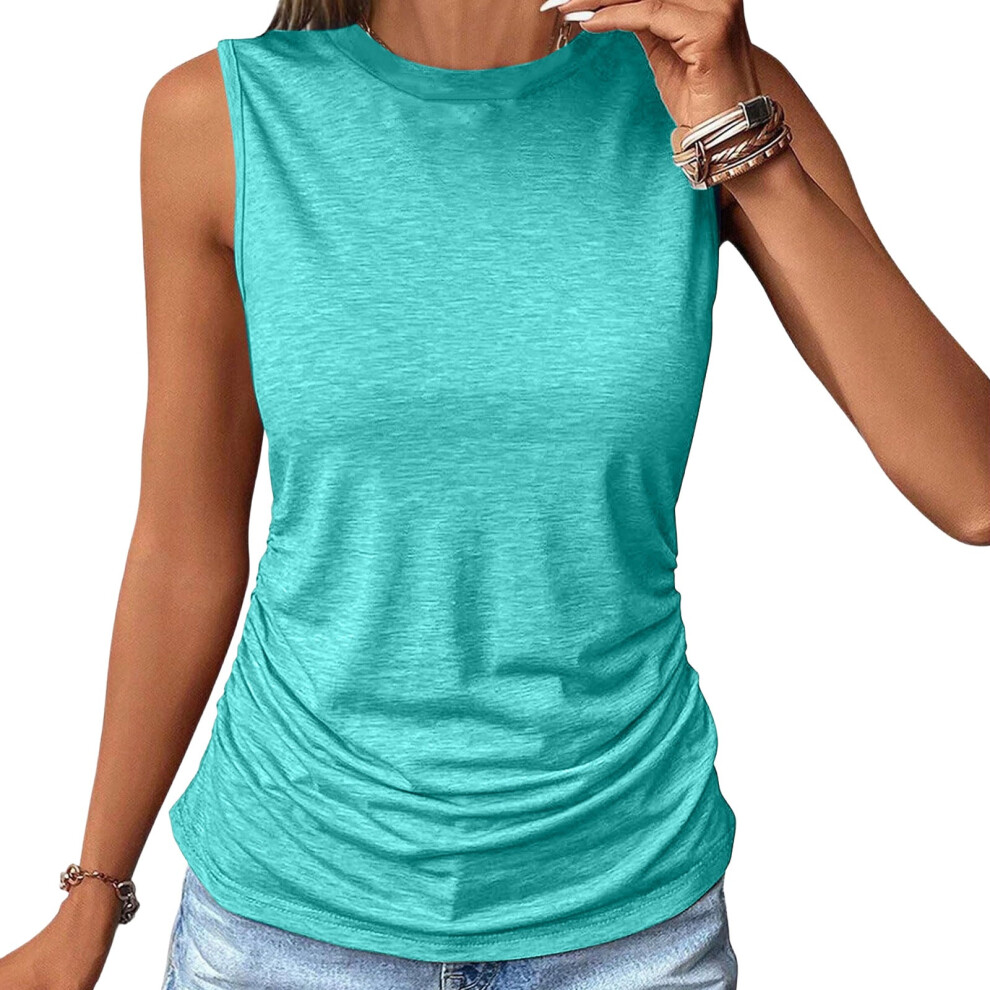 Blue Womens Ruched Tank Tops Crewneck Sleeveless Shirts-Lake S