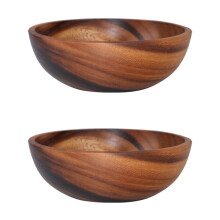 2X Natural Hand-Made Wooden Salad Bowl Classic Large Round Salad Soup Dining Bowl Plates Wood Kitchen Utensils