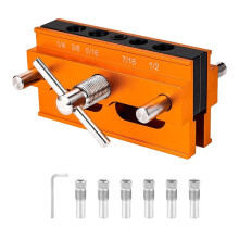 Self Centering Doweling Jig, for Straight Holes, Adjustable Width Woodworking Locator Set with 6 Drill Guide Bushings