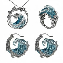 Conjunto de joyas con diseño de olas marinas: elegante collar, anillo y pendientes. La idea perfecta para regalar en Navidad.
