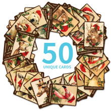Sett med 50 vintage julekort med dyr - Festlige høytidshilsener med illustrasjoner av julehatter for gaver over land