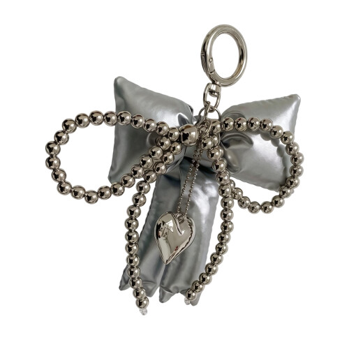 Elegant PU Leather Bowknot Keychain With Pearls And-Silver