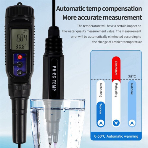 Water Soil Quality Tester Digital PH/EC/TEMP 3-in-1 Tester Multi-Function Testing PH Meter for Aquariums Pools Dough 1