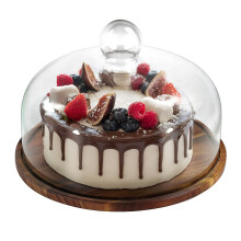 Présentoir à gâteaux en bois d'acacia avec couvercle en verre