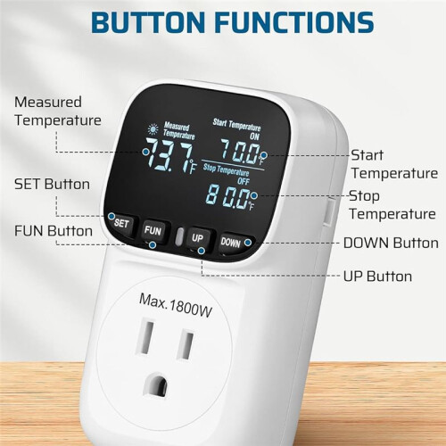 Digital Temperature Controller,15A/1800W Thermostat Outlet Plug,-40-210, Cyclic Timing/Countdown,for Incubator US Plug 1