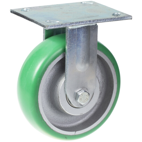 Parnells 160mm fixed castor with green convex elastic polyurethane on cast iron centre wh