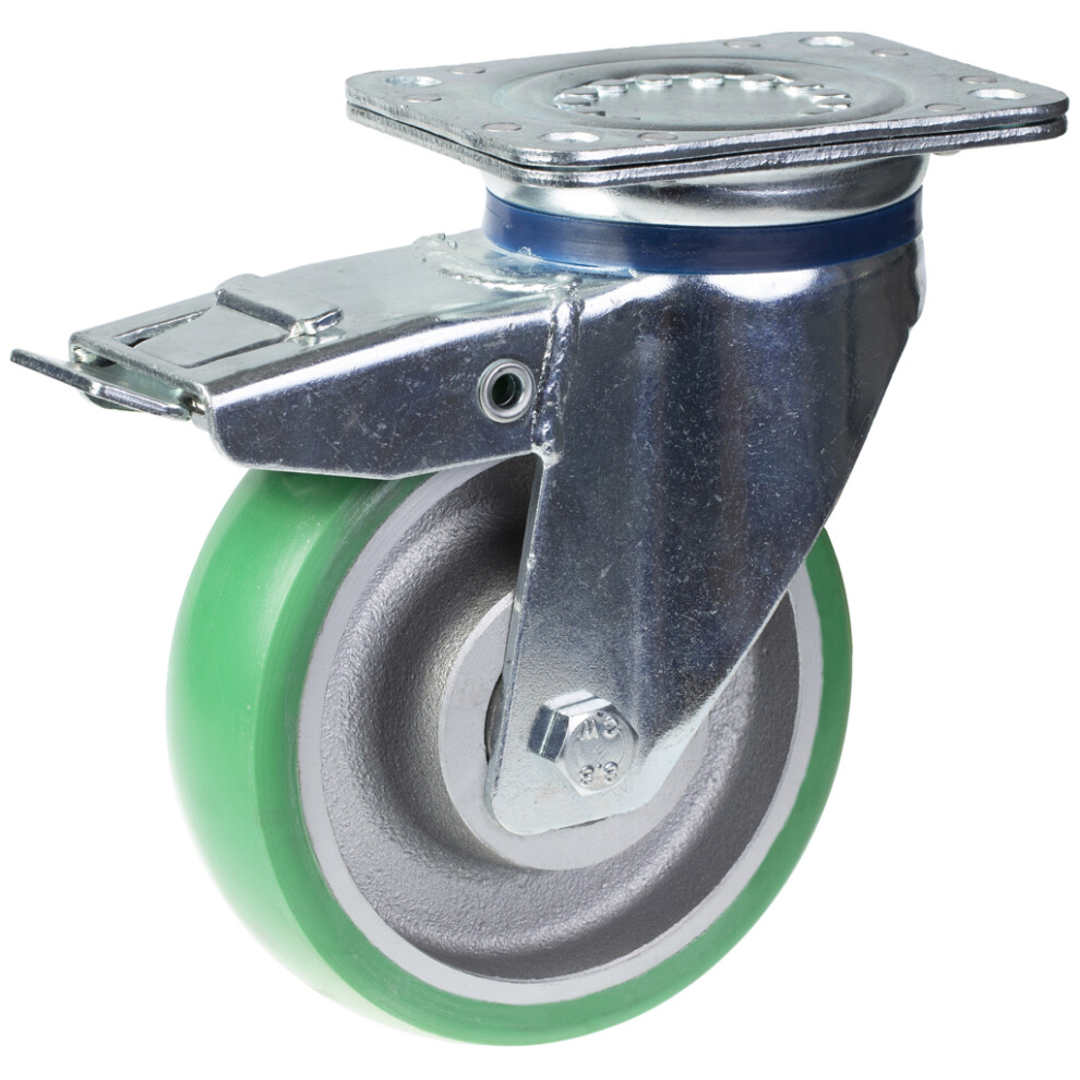 Parnells 160Mm Swivel/Brake Castor With Convex Elastic Polyurethane On Cast Iron Ce Green