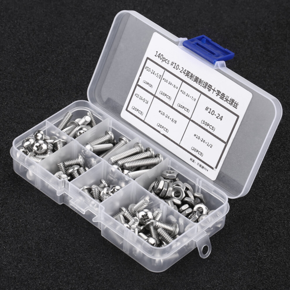 Heavy Duty Stainless Steel Cross Pan Head Screws 140Pcs #10-24 + Storage Case 4241393778862