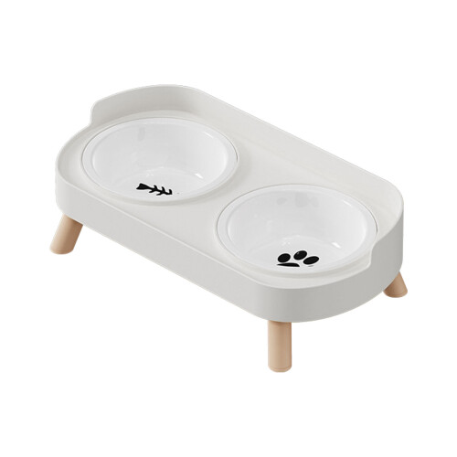Elevated Ceramic Pet Double Bowls Feeding Dishes-White