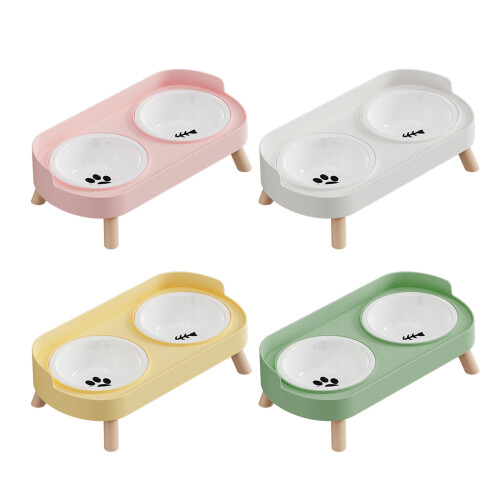 Double Bowl Ceramic Pet Feeder Scratch Resistant Feeding-yellow 1