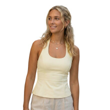 (L, Light Yellow) Women Halter Neck Tank Tops Slim Solid Sleeveless Ruffled Hem Cross Back Tie Vest Stylish Summer Streetwear