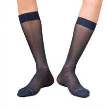 Dünne Herren-Anzugsocken aus Seide, transparent, formell, aus weichem Nylon, knielang, blau gestreift, marineblau_M