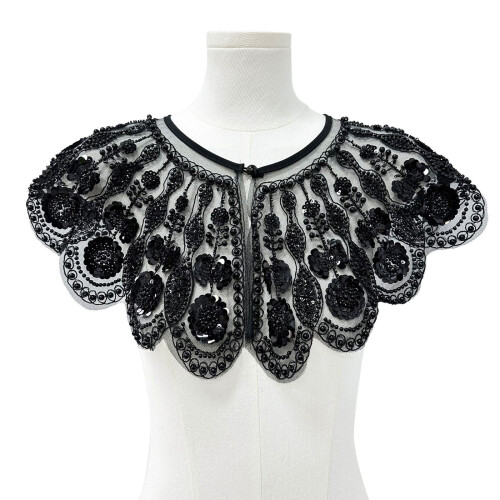 Sophisticated Sheer Overlay Collar With Detailed Beadwork-Black