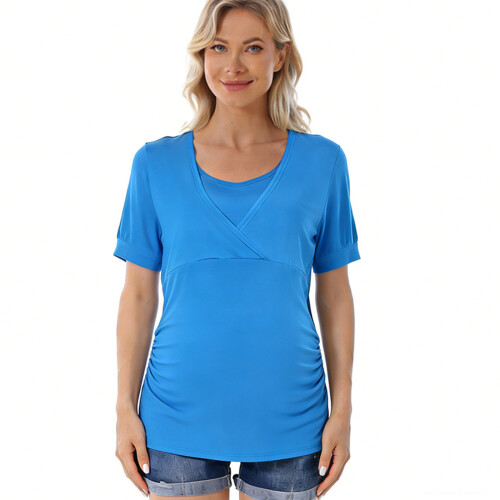 Summer Maternity Tee Top With Concealed Nursing Short-Blue L 2
