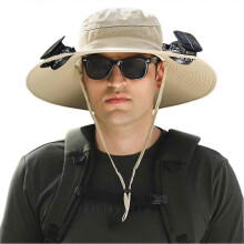 (khaki) Men Fisherman Hat With 2 Solar Fan Windproof Strap USB Charging Anti UV Large Brim Fan Sun Hat Sunlight Fan Cap