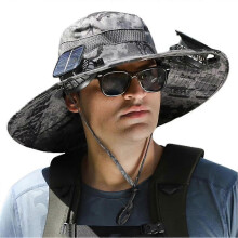 (Khaki ink painting) Men Fisherman Hat With 2 Solar Fan Windproof Strap USB Charging Anti UV Large Brim Fan Sun Hat Sunlight Fan Cap