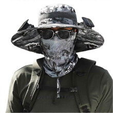 (Dark grey ink painting) Men Fisherman Hat With 2 Solar Fan Windproof Strap USB Charging Anti UV Large Brim Fan Sun Hat Sunlight Fan Cap