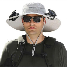 (Light grey) Men Fisherman Hat With 2 Solar Fan Windproof Strap USB Charging Anti UV Large Brim Fan Sun Hat Sunlight Fan Cap