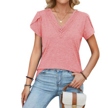 Women's Patchwork V-neck Petal Sleeve Color Casual-Pink L