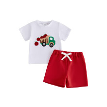 (2-3 Years, Red) Toddler Boy Back to Schoo Outfit Apple Truck Embroidery Short Sleeve Crew Neck T Shirt Elastic Solid Shorts 2 Piece Set