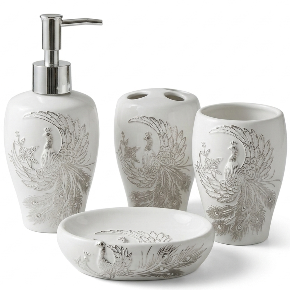 Jayogla 4Pc Ceramic Bathroom Set Peacock Soap Dispenser