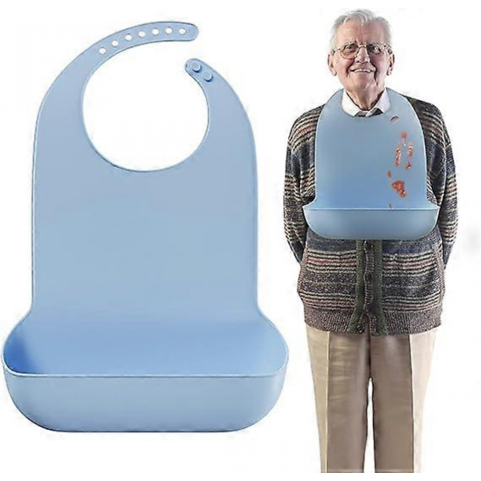 Blue (-L 42X28cm)Washable Silicone Adult Bibs For Elderly, Adjustable Silicone Adult Bib, Waterproof Bib For Elderly With Crumb Catcher, Feed