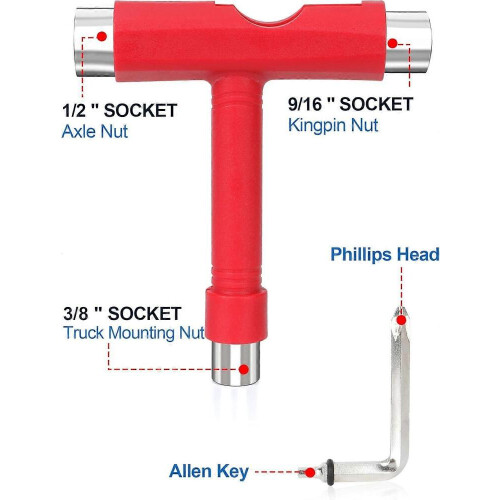 AURA Skateboard Tool, T Bone Roller Skate Tool , Multi T Tool compatible with Skateboard ,T type Tool (Red) 1
